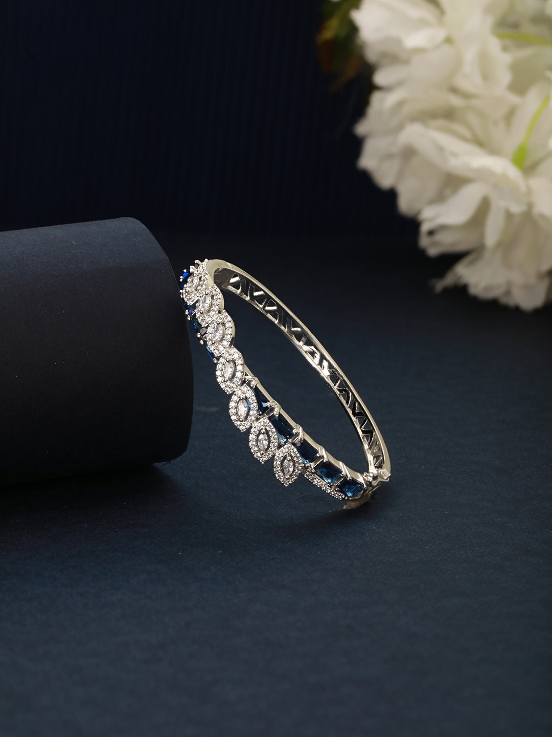 Silver Toned Sapphire Blue AD Studded Elegant  Designer  Leaf Kada Bangle  Bracelet
